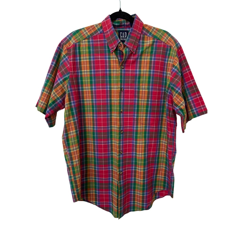 Vintage GAP Mens Short Sleeve Plaid Button Down Shirt Red Green Blue Size Medium